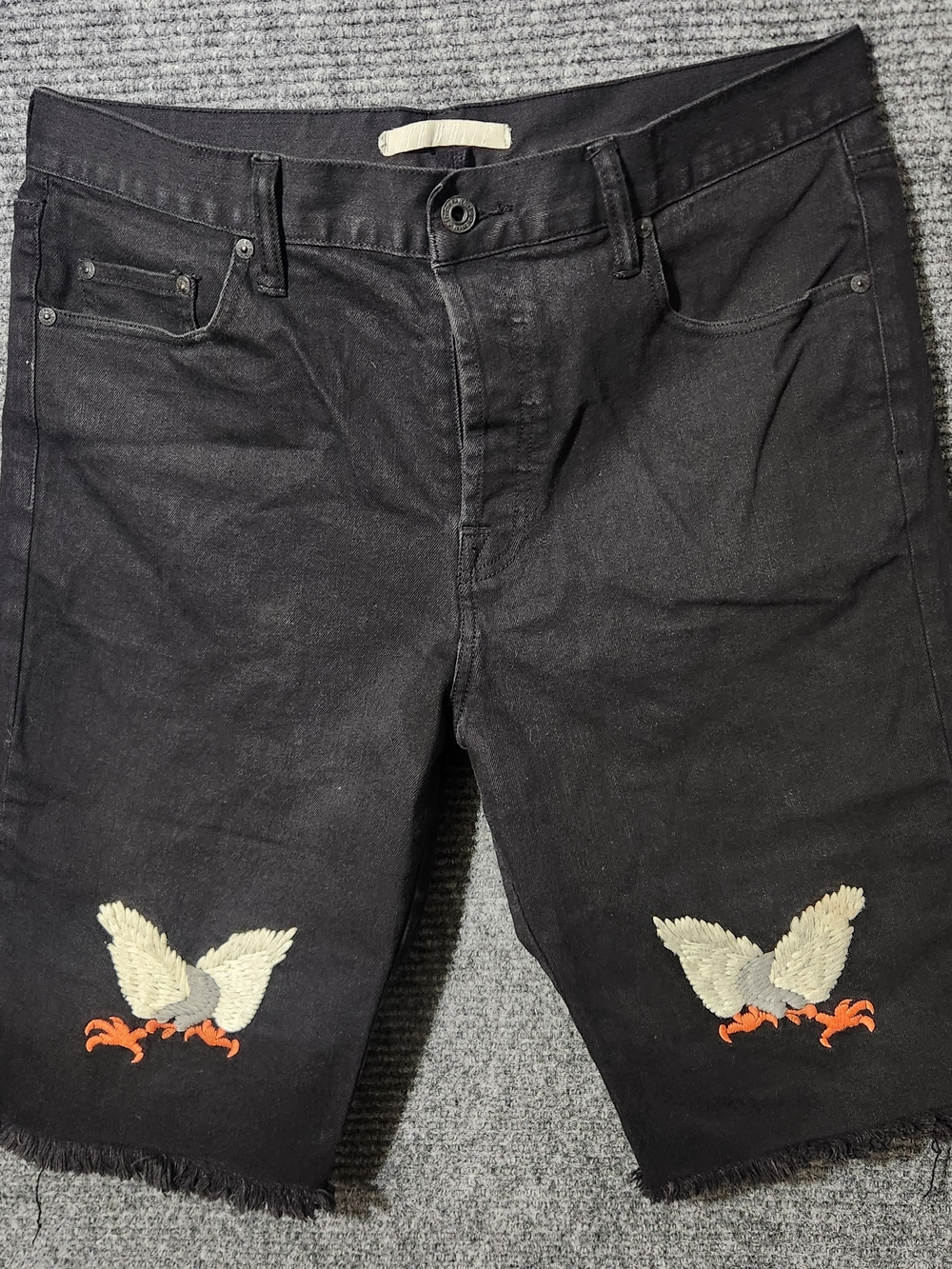 Off White Black Embroidered Bird Denim Shorts